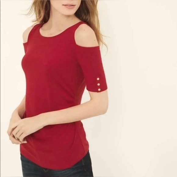 White House Black Market Burgundy Ruched Short Sleeve Cold Shoulder Top Size M - Picture 5 of 7